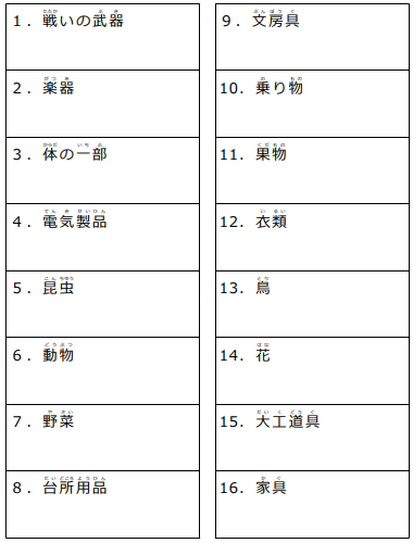 手がかり再生の回答欄のヒント。